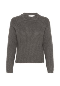 Gray ribbed sweater with a crew neckline and long raglan sleeves. Soft texture and relaxed fit. Label visible at the neckline.