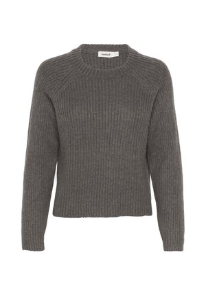 Gray ribbed sweater with a crew neckline and long raglan sleeves. Soft texture and relaxed fit. Label visible at the neckline.