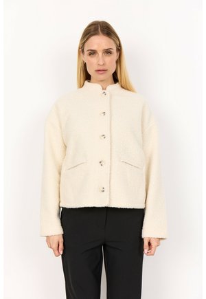 Cremfarbener Fleecepullover mit hohem Kragen, vorderem Knopfverschluss und zwei seitlichen Taschen. Besitzt eine weiche Textur und einen cropped Schnitt.