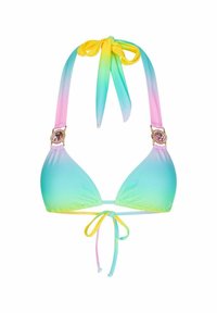 Kleurvolle bikini-top met een gradient ontwerp van groen naar roze, met een strik om de nek en opvallende hardwaredetails op de bandjes.