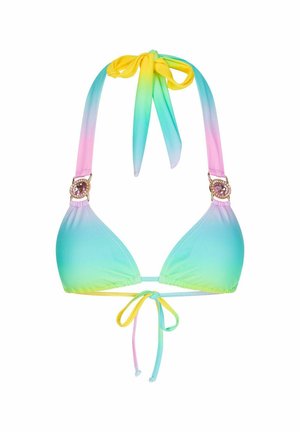 Kolorowy stanik bikini z gradientowym wzorem od zielonego do różowego, z wiązaniem na szyi i ozdobnymi detalami na ramiączkach.