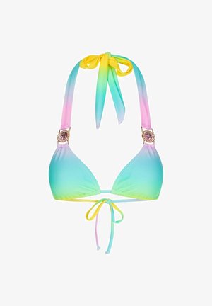 Haut de bikini coloré avec un design dégradé allant du vert au rose, doté de liens au cou et de détails en métal ornés sur les bretelles.