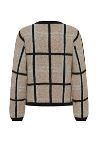 Bēšas adītas džemperis ar melnu un gaiši pelēku kvadrātu rakstu, apaļu kakla izgriezumu un garām piedurknēm. Strukturēta auduma izskats rada omulīgu sajūtu.