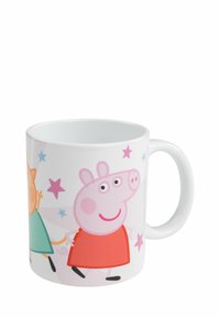 Tazza in ceramica che raffigura Peppa Pig e i suoi amici, prevalentemente rosa e arancione, decorata con stelle e con una finitura lucida. Corpo rotondo e manico resistente.