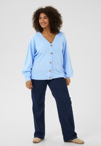 Světle modrý pletený cardigan s výstřihem do V, texturovaným vzorem a dřevěnými knoflíky, spárovaný s tmavými džínovými kalhotami a béžovými botami.