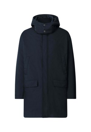 Cappotto invernale da uomo nero con cappuccio, zip frontale, bottoni a pressione vicino al colletto, tasche laterali e maniche lunghe.