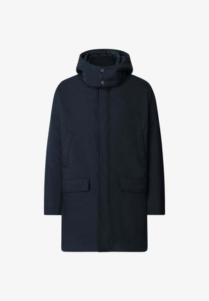 Cappotto invernale da uomo nero con cappuccio, zip frontale, bottoni a pressione vicino al colletto, tasche laterali e maniche lunghe.