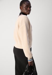 Maglione a maglia beige chiaro con una texture a coste, dotato di un colletto nero e accenti a righe multicolori sulle maniche, abbinato a pantaloni neri.