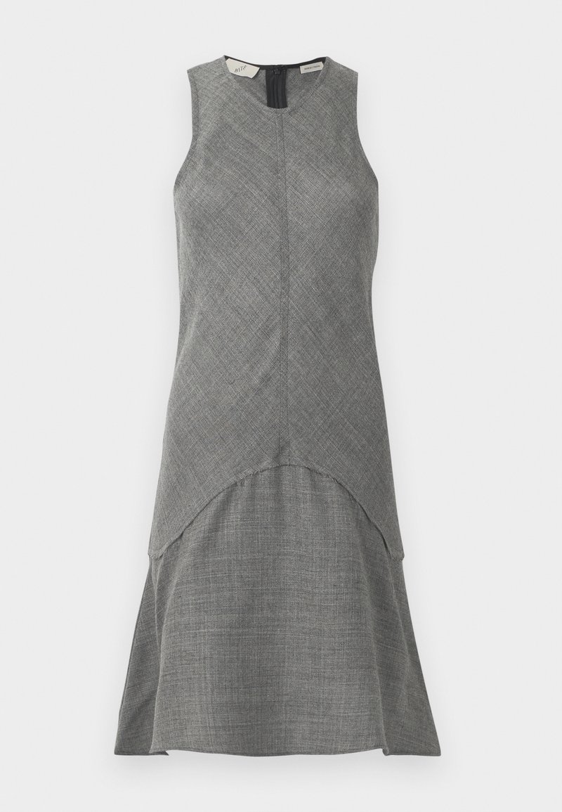 Sleeveless grey dress with layered, asymmetrical hem and textured fabric, featuring a round neckline and back zipper closure.