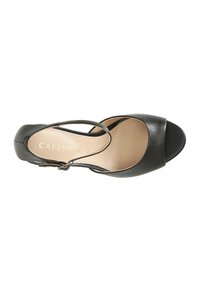 Sandal in pelle nera con tacco alto, punta aperta, cinturino alla caviglia e dettagli testurizzati. L'interno presenta una fodera beige con logo.