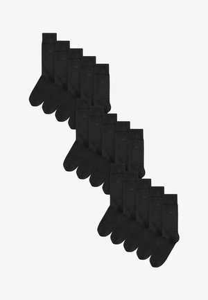 Schwarze Baumwollsocken in einem versetzten Muster angeordnet. Jedes Paar verfügt über einen gerippten Bund und ein einheitliches Design, mit einem kleinen Logo auf jeder Socke.