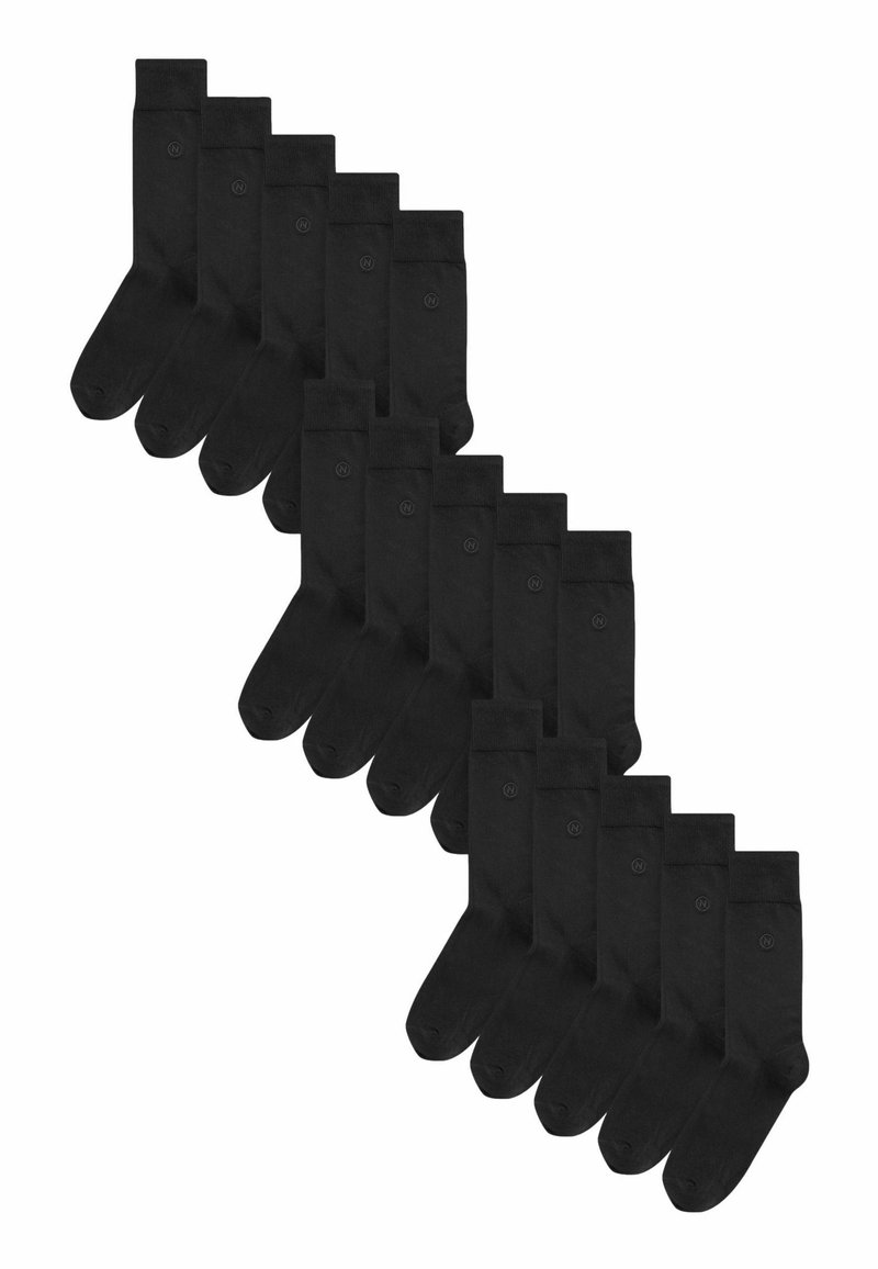 Schwarze Baumwollsocken in einem versetzten Muster angeordnet. Jedes Paar verfügt über einen gerippten Bund und ein einheitliches Design, mit einem kleinen Logo auf jeder Socke.