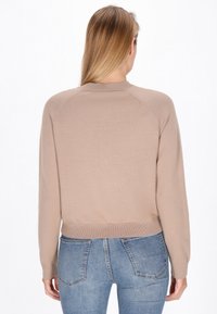 Pulover bej deschis dintr-un material tricotat moale, cu guler rotund și manșete cu reazem. Asortat cu blugi albaștri, pentru un aspect casual.