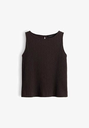 Mouwloze donkerbruine geribbelde gebreide top met ronde hals en kleine keyhole knoopsluiting aan de achterkant.