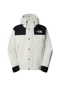 White waterproof jacket with black accents on shoulders and cuffs, featuring a hood, snap buttons, and logo on the upper left side.