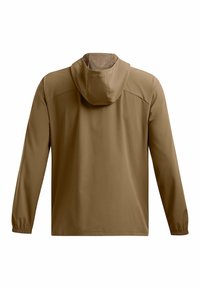 Veste légère marron avec capuche, manches longues et poignets élastiques. Texture lisse avec des coutures subtiles et une doublure en maille à l'intérieur de la capuche.