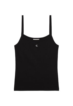 Top corto nero con sottili spalline e piccolo logo CK argentato centrato sotto lo scollo.