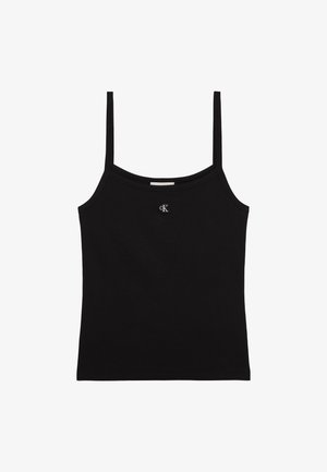Črn kratki top s tankimi naramnicami in majhnim srebrnim CK logotipom, postavljenim pod izrezom.