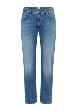 Jeans blu a gamba dritta con effetto sbiadito, cinque tasche, chiusura con bottone e passanti per cintura, mostrati su sfondo bianco.