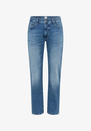 Jeans blu a gamba dritta con effetto sbiadito, cinque tasche, chiusura con bottone e passanti per cintura, mostrati su sfondo bianco.