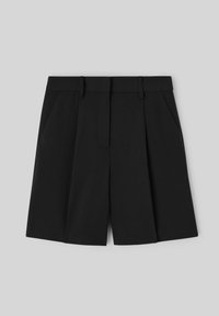 Shorts noirs sur mesure avec plis, poches latérales et devant plat. Confectionnés dans un tissu texturé, avec une ceinture standard.