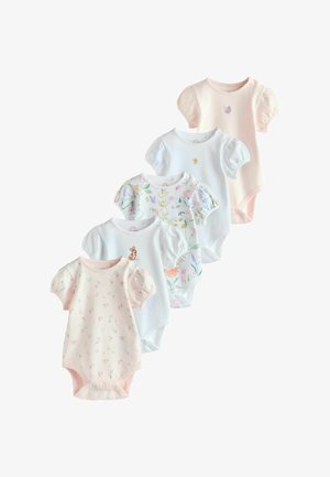 Penki trumpomis rankovėmis kūdikių smėlinukai pastelinėse spalvose su gėlių, gyvūnėlių ir drugelių raštais, išdėstyti netvarkingai eilėje.