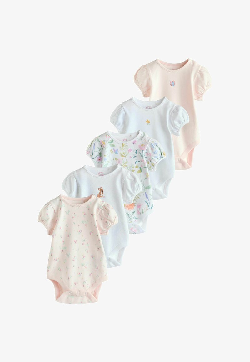 Öt rövid ujjú bababody pasztell színekben, virágos, állat- és pillangómintákkal, egymás mögé rendezve.