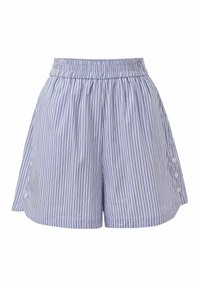 Blauwe en witte gestreepte shorts met een elastische tailleband, A-lijn vorm en knoopaccenten aan de zijkant. Lichtgewicht katoenstof.