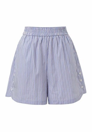 Blaue und weiße gestreifte Shorts mit elastischem Bund, A-Linie Schnitt und Knopf-Akzenten an der Seite. Leichtes Baumwollgewebe.