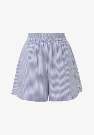 Blauwe en witte gestreepte shorts met een elastische tailleband, A-lijn vorm en knoopaccenten aan de zijkant. Lichtgewicht katoenstof.