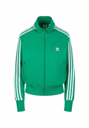Žalias zip-up džemperis su baltomis trimis juostelėmis palei pečius ir rankoves, su mažuoju baltu Adidas logotipu ant krūtinės.