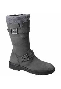 Gray leather boot with a textured knit cuff, two buckle straps, and a flat rubber sole. Features a smooth finish and adjustable collar.