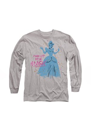 Gray long-sleeve T-shirt featuring a blue graphic of a character in a gown with "TURN UP YOUR MAGIC" in pink text and star accents.