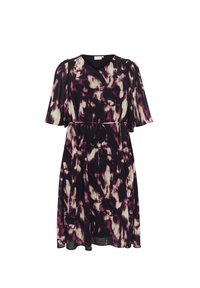 Robe à manches courtes, longueur genou, avec un motif abstrait noir, violet et crème. Présente un décolleté en V et une taille à cordon pour un ajustement réglable.
