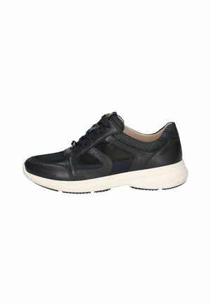 Navy blue sneaker with leather and mesh paneling. Features a white rubber sole, round toe, and traditional lace-up design.