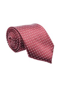 Cravatta in seta rossa con finitura testurizzata, caratterizzata da piccoli pois bianchi su tutta la superficie. Design arrotolato che mette in risalto il motivo e il contrasto di colore.