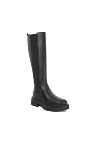 Black knee-high leather boot with chunky sole and elastic side panel, designed for easy slip-on and comfort.