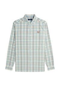 Camicia a quadri azzurro chiaro realizzata in tessuto intrecciato. Presenta maniche lunghe, colletto con bottoni e un logo ricamato sul petto.