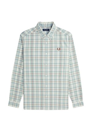 Camicia a quadri azzurro chiaro realizzata in tessuto intrecciato. Presenta maniche lunghe, colletto con bottoni e un logo ricamato sul petto.