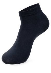 Dunkelblaue Knöchelsocke, aus einem glatten, dehnbaren Material gefertigt. Mit geripptem Bund, nahtlosem Zehenbereich und schlankem Design.