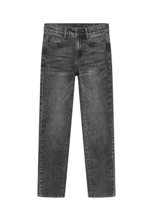 Grå, falmede denimjeans med forlommer og bæltestropper, lige ben og knaplukning i taljen.