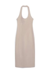 Abito midi con scollatura halter in morbido tessuto beige, design aderente con una consistenza liscia, caratterizzato da cuciture verticali e un orlo dritto.