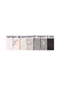 Acht paar sokken met Snoopy-ontwerpen in schakkeringen van wit, beige, grijs en zwart, met elastische, gebrandmerkte boorden.