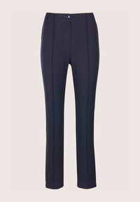 Op maat gemaakte navy broek met rechte pijpen, voorzien van een rits aan de voorkant, een blauwe knoopsluiting en subtiele verticale naden voor extra detail.