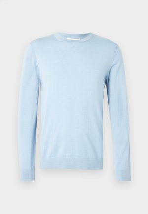 Light blue long-sleeve sweater made from soft material. Features a crew neck and ribbed cuffs at the sleeves and hem. Simple design.