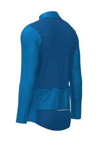 Camisa de manga larga azul con un respaldo texturizado, cuello y un bolsillo trasero. Fabricada en un tejido suave, presenta un diseño ajustado.