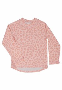 Långärmad topp i ljusrosa med ett leopardmönster. Tillverkad av texturerat tyg med rundad hals och rundad nederkant.