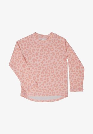 Langærmet top i lys pink med leopardmønster. Lavet af struktureret stof med rund halsudskæring og afrundet kant.