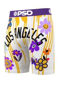 Bóxers para hombre con una cintura morada, con patrones florales amarillos, flores sonrientes y el texto "LOS ANGELES" en negro negrita.