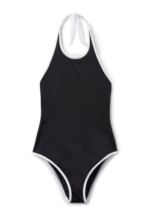 Bañador negro con cuello halter y acentos blancos. Cuenta con una tela suave y elástica, piernas de corte alto y cierre de lazo en la parte posterior.